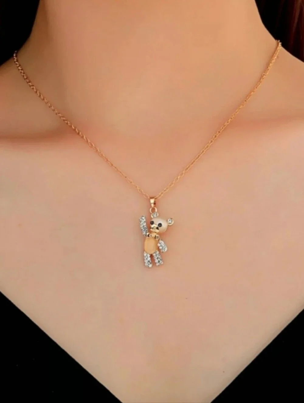 Gold Teddy Bear Cats Eye Gemstone Rhinestone Necklace Necklaces